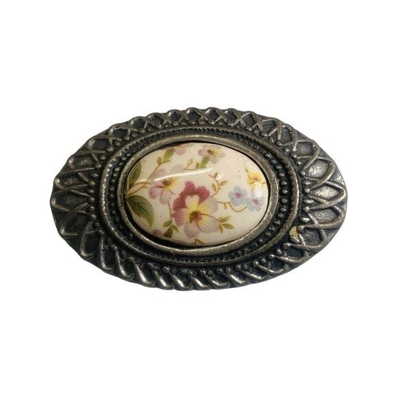 Vintage Etain Zinn German Porcelain Painted Flower Pewter Brooch Pin Set Of 3 - Picture 2 of 7